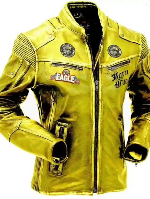 Men Yellow Vintage Motorcycle Cafe Racer Leather Jacket