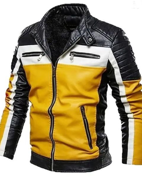 Black And Yellow slim fit biking leather jacket