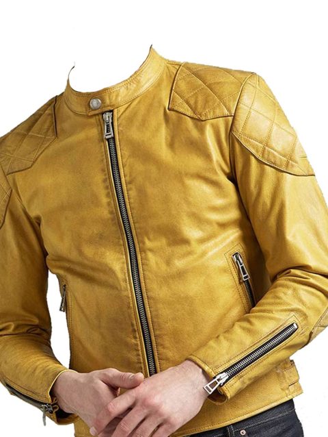 Quilted Design Cafe Racer Yellow leather Jacket For Men