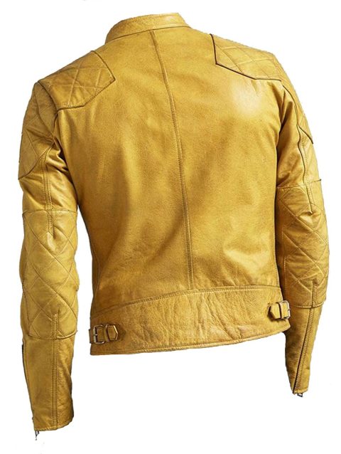 Quilted Design Cafe Racer Yellow leather Jacket For Men