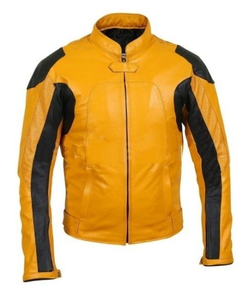 Men Yellow Biker Motorcycle Leather Jacket With Perforations