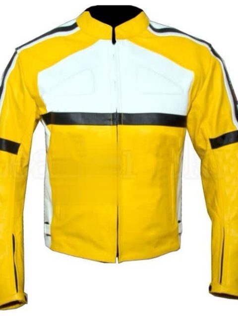 Yellow White Biker Motorcycle Racing Leather Jacket